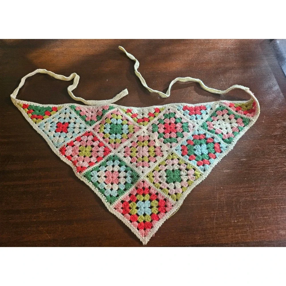 Unbranded Crochet Bandana Women OS Multi Color Granny Square Cottagecore Scarf
